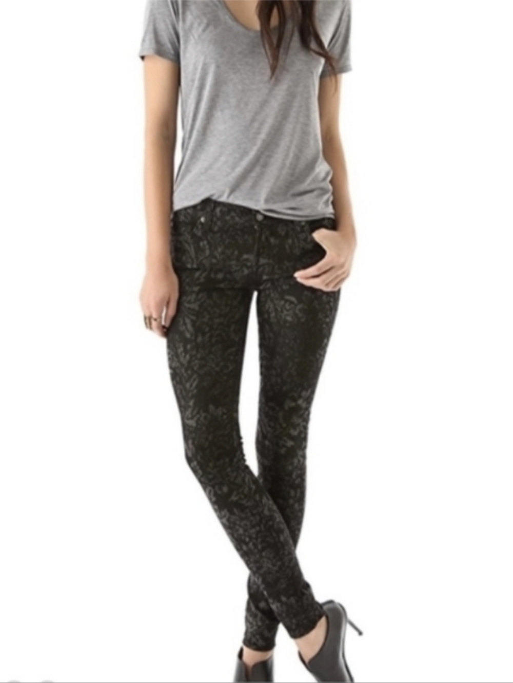 7 for All Mankind Jacquard Floral Skinny Jeans, Color Black/Gray Size 27